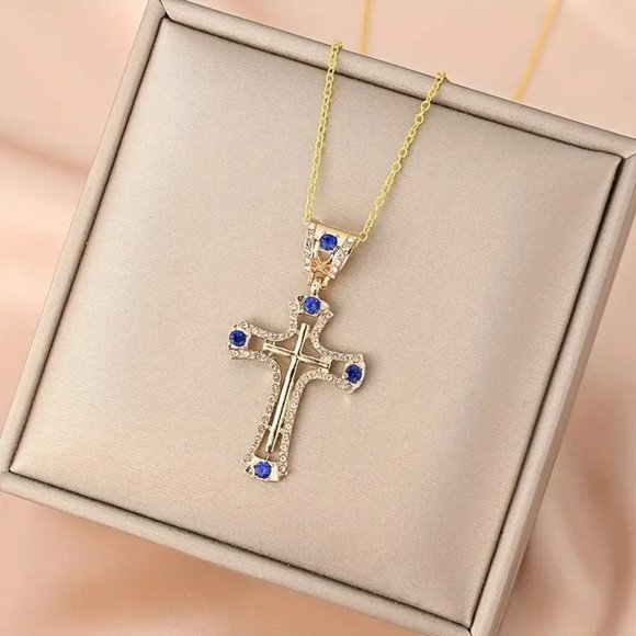 Cross Hip Hop Pendant Blue Stones with Necklace fine Jewelry Men Women - Picture 2 of 5